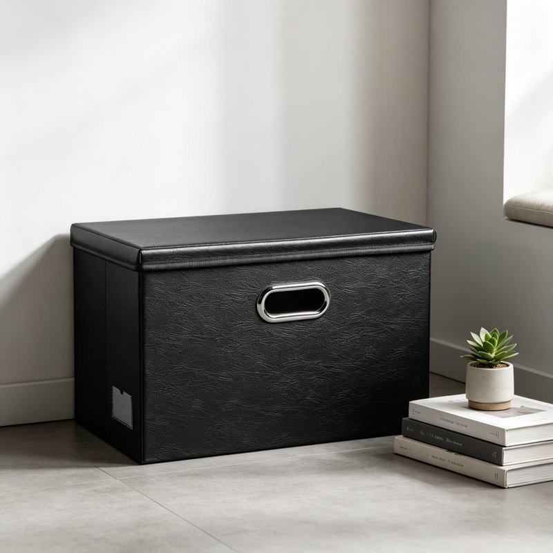 Grand bac de rangement pliable avec couvercle - 1 boîte de rangement pliable en cuir avec couvercle pour la maison, la chambre à coucher, le placard, le bureau, la chambre de bébé, noir