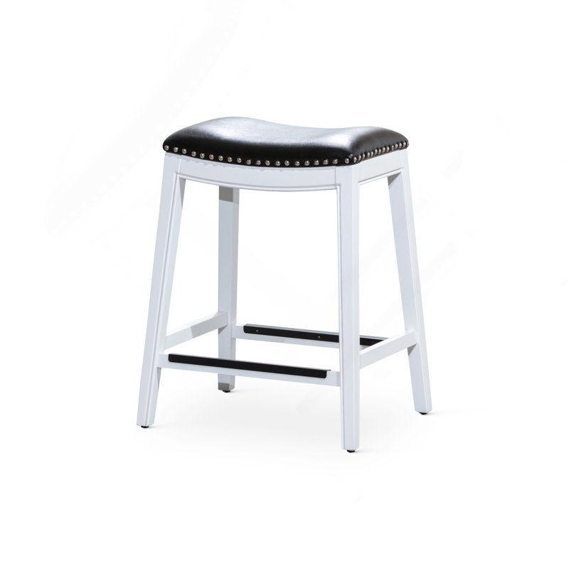 Tabouret 30 ", finition blanche, siège en cuir noir, Tabouret de comptoir (siège d'une hauteur de 26,2