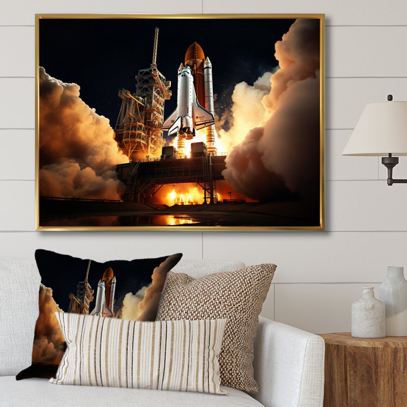 Space Shuttle Captivating Night Launch II - Space Shuttle Canvas Art Print, H 12 po x l 20 po x P 1 po, Cadre flottant doré