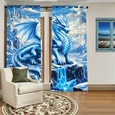 2Pcs Dragon Ice Castle Window Blackout Curtains, Fantasy Waterfall Scene, Themed Room Decor for Living Room Bedroom Kitchen Home Office