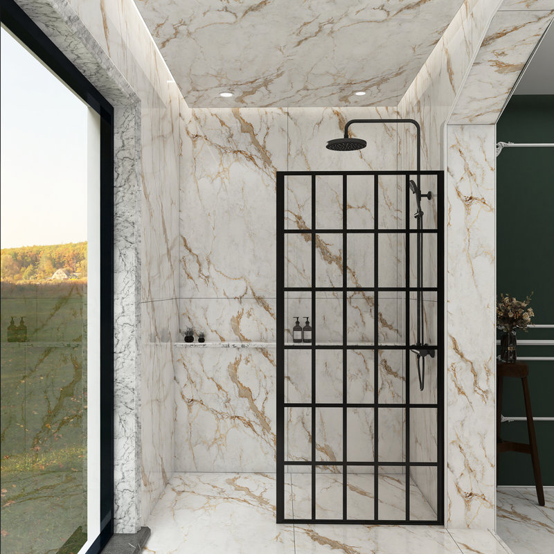 34 po X P 72 po H - Porte de douche fixe à panneau simple sans cadre en noir mat