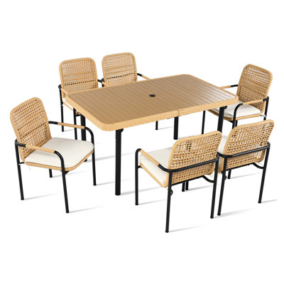 Ensemble de salle à manger de jardin 7 pièces en osier avec plateau en plastique et bois