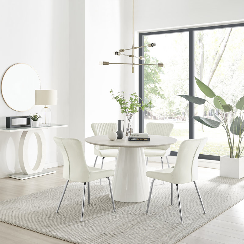 Edzard Statement 4 Person Round Dining Table Set in Luxury Stone Effect - Velvet Dining Chairs, Cream/Silver