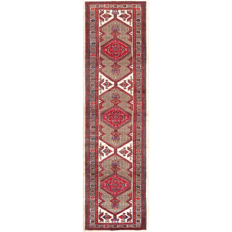 Tapis de couloir unique rouge / gris / bleu en laine nouée à la main de conception unique 3 pi 1 po x 11 pi 4 po