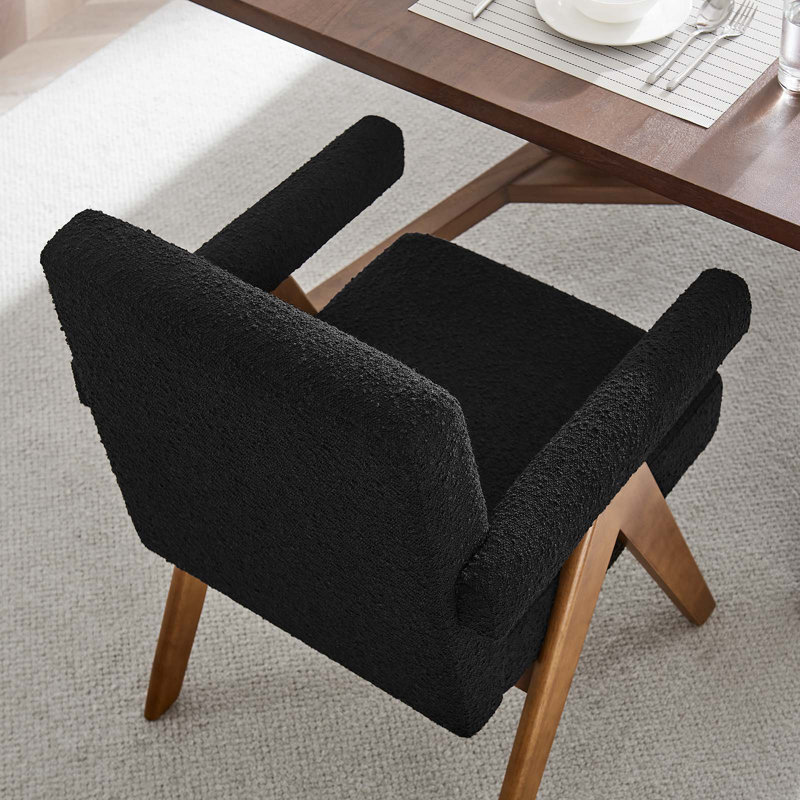 Black Boucle Upholstered Arm Chair with Rubberwood Legs