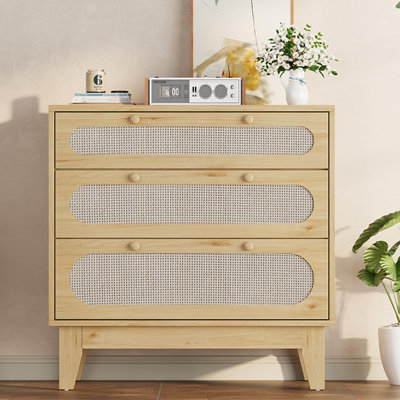Modern Rattan 3 Drawer Dresser for Bedroom – Wooden Storage Chest with Handles & Legs – Natural Oak, Anti-Tip Kit Included – Wood