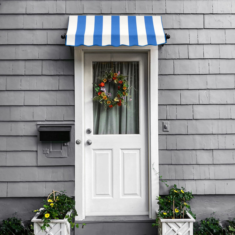Store fixe Awntech Charleston, 316 cm x 91 cm x 91 cm, rayures bleu vif et blanches, H 44 po x l 124,5 po x P 36 po