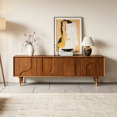 Meuble télé 71 po Mid-Century pré-assemblé avec 4 armoires, console multimédia moderne avec placage en bois massif pour le salon