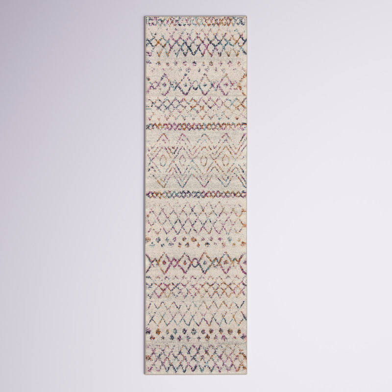 Tapis ivoire et fuchsia à motif géométrique tissé à la machine Christa, Rond 5 pi