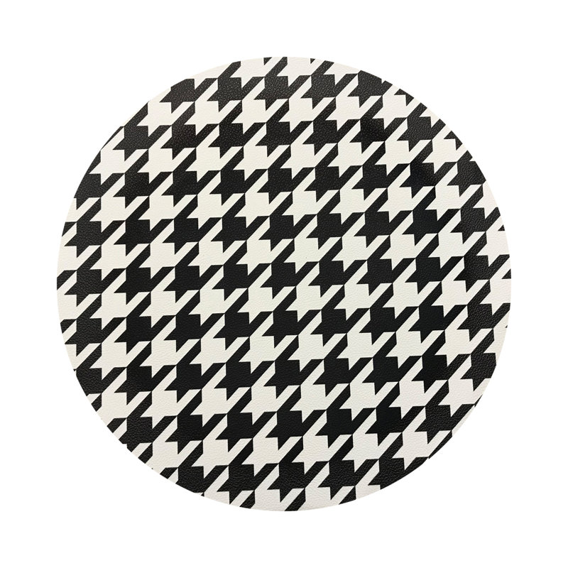 Houndstooth Black White Vegan Leather Round Coasters, Black White