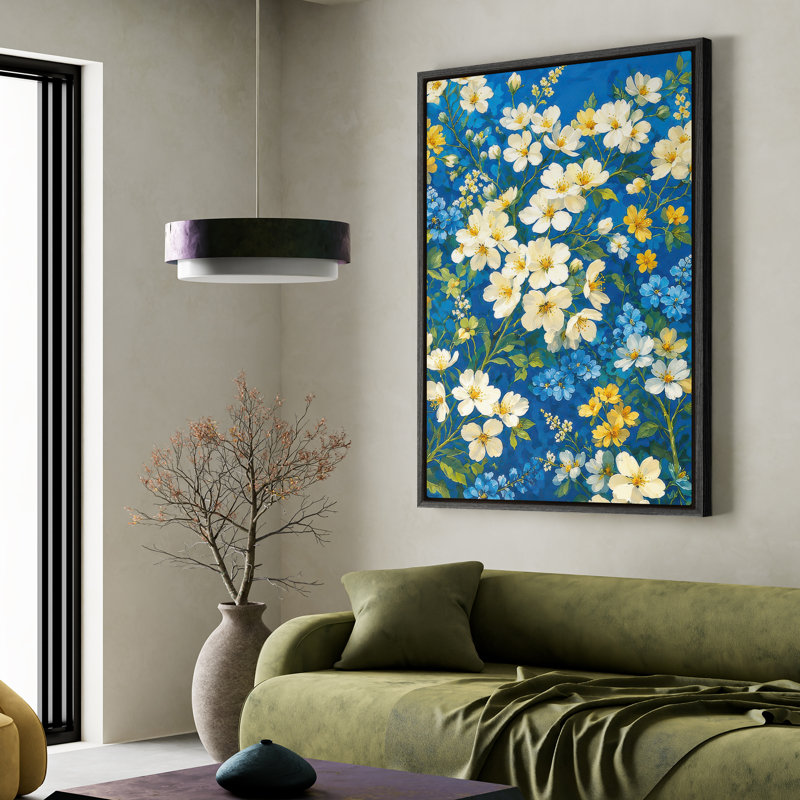 Art mural encadré - Fleurs blanches et jaunes vives sur fond botanique bleu - 16 po x 24 po, 24 po x 36 po, 36" H x 24" W