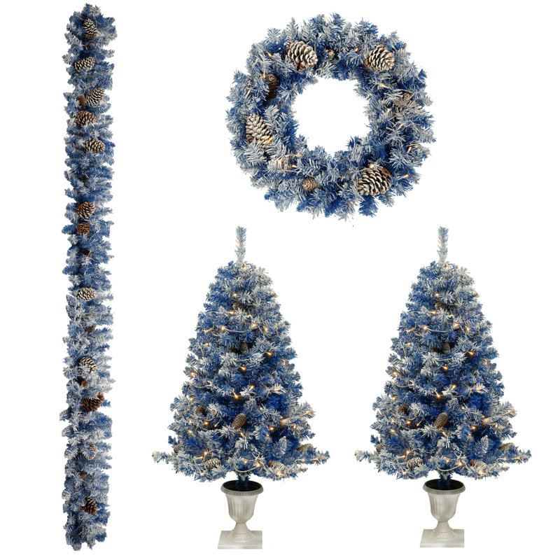 Ensemble de 4 pièces de Noël artificiel pré-éclairé, guirlande, couronne et ensemble de 2 arbres d'entrée avec lumières DEL, arbre de Noël
