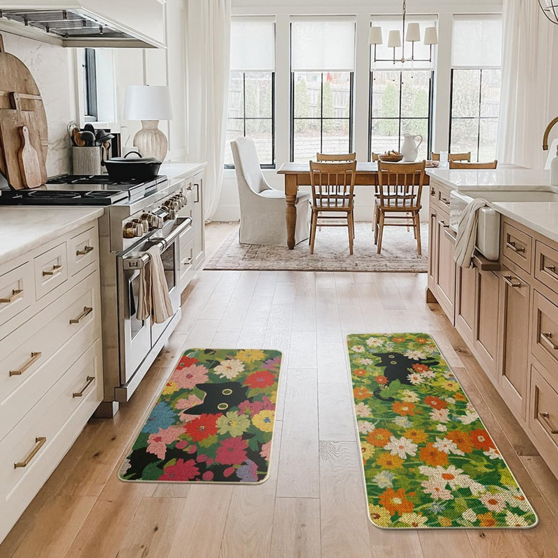 Flowers Floral Black Cute Cat Kitchen Mats - Black - Set Of 2 Low-Profile Floor Rugs,  Spring Home Decor