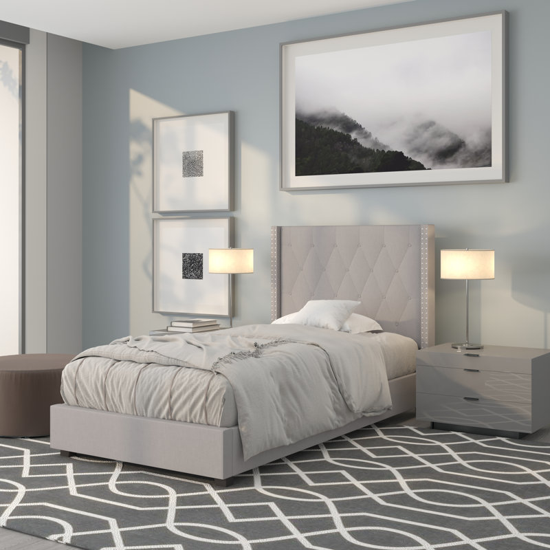 Light Gray Twin Upholstered Platform Bed with Tufted Headboard and Nailhead Trim
