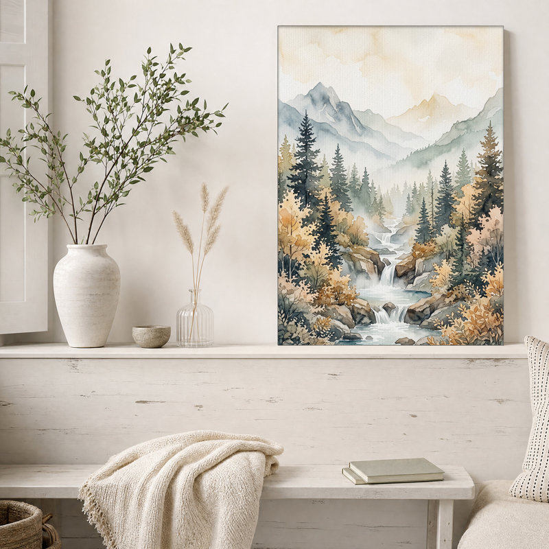 «Misty Mountain Waterfall in Autumn Forest», art mural sur toile, H 18 po x l 12 po