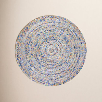 Blue Tan Round Handwoven Geometric Jute Rug