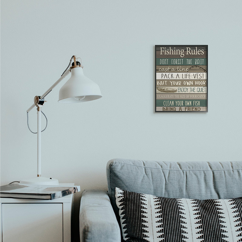 «Rustic Fishing Rules Sign Brown Green Beige» par Kim Allen - impression d'art graphique, H 14 po x l 11 po x P 1,5 po