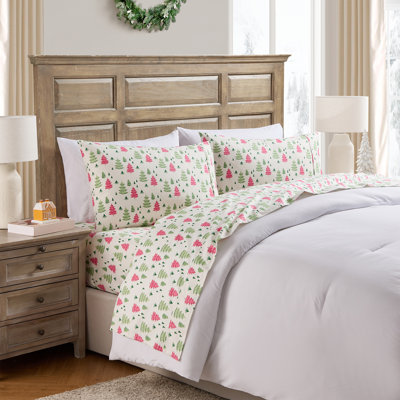 Hallmark Multi Colour Trees Brushed Cotton Flannel Bed Sheet Set, Twin