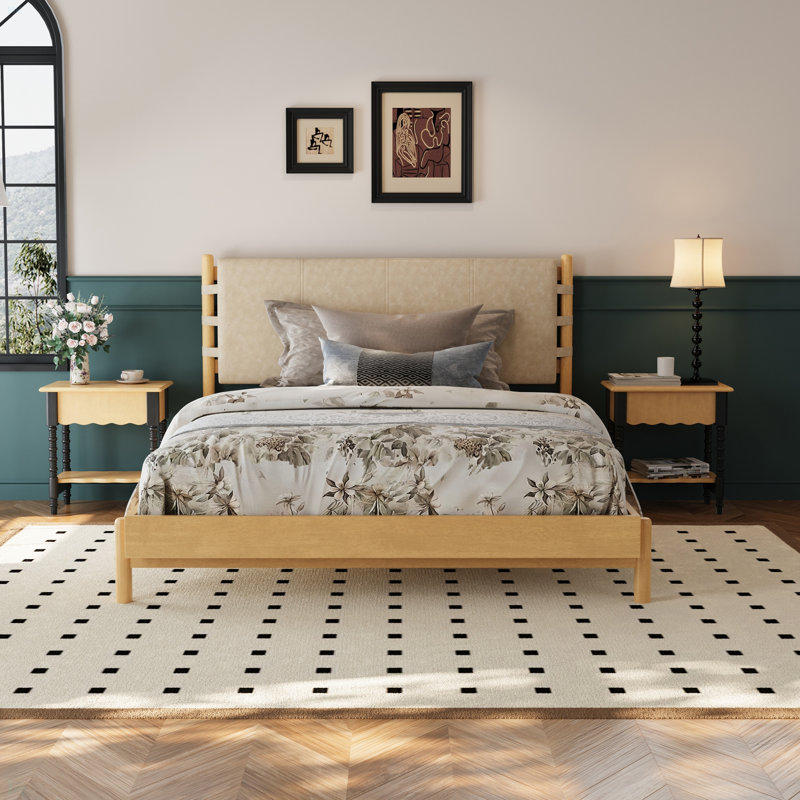 Cadre de lit plateforme en bois d'hévéa de qualité supérieure avec tête de lit incluse, lit Mid-Century moderne, Beige, Grand