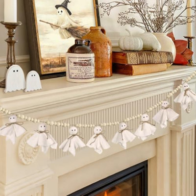 7.2 FT Halloween Garland Ghost Decorations, Adjustable Hanging Cute Ghost Garland Mantel Decor, Handmade Wooden Beads Halloween Banner For Fireplace Home Room Indoor Outdoor Office Wall Party Supplies