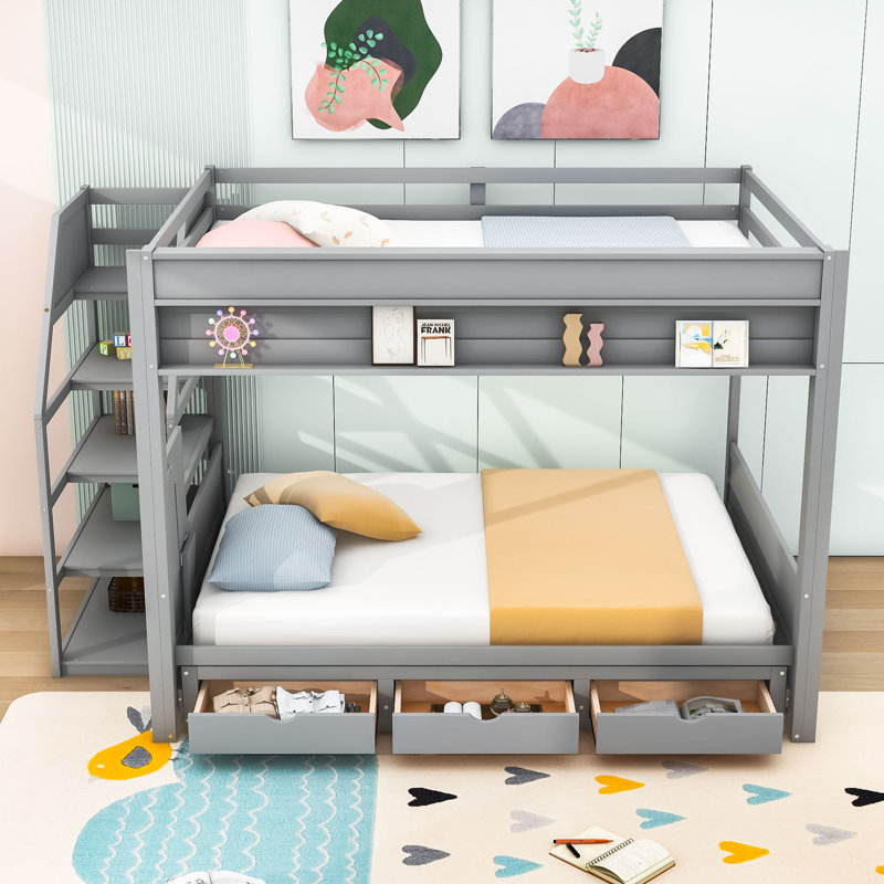 Lit superposé futon sur 3 tiroirs avec bureau intégré Harsirat, gris