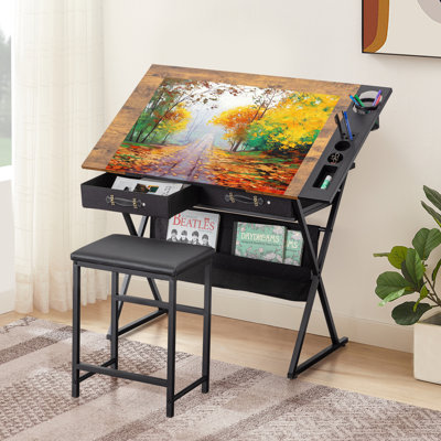 Yumisani Drawing Table with Stool Table Top Adjustable Angle with 2 Drawers Drawing Square Table