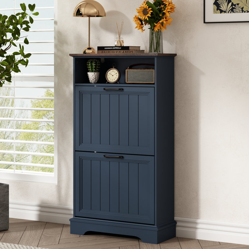 12 Pair Shoe Storage Cabinet with 2 Flip Drawers, Navy/Brown 