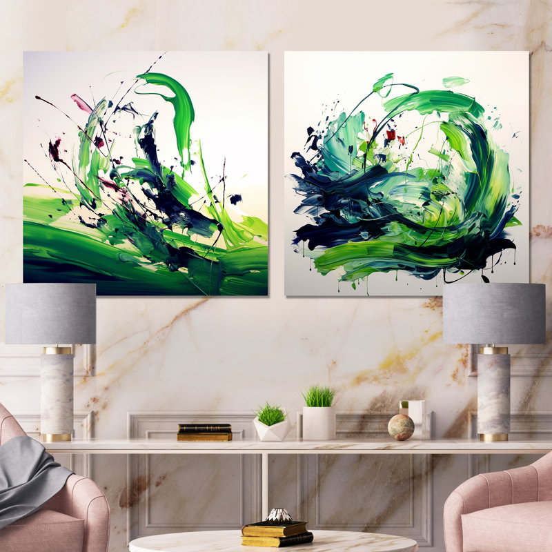 «Green and White Abstract Ink Expression IV», ensemble de 2 décorations murales, Toile tendue, H 16 po x l 33 po x P 1 po