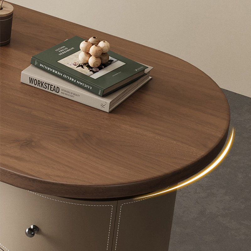 Bureau de direction demi-cercle en bois massif noisette avec 3 tiroirs, H 29,53 po x l 78,74 po x P 27,56 po