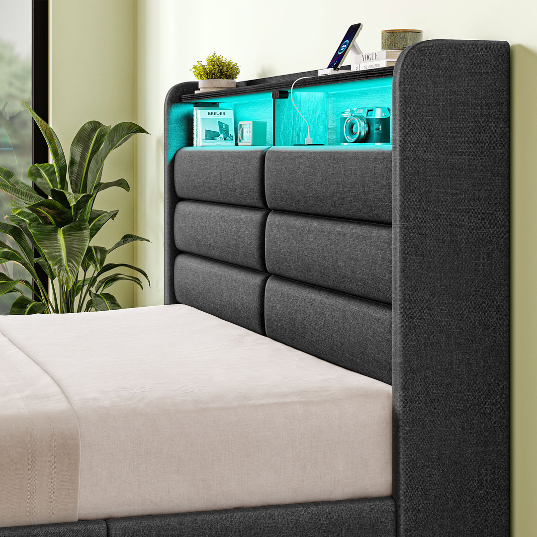 Wenda Bed Frame with 4 Storage Drawers and LED Lights, Upholstered Bed with Headboard and Charging Station Ivy Bronx