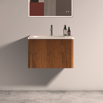 Meuble-lavabo mural flottant en noyer rayé 24 po avec lavabo en céramique Etna