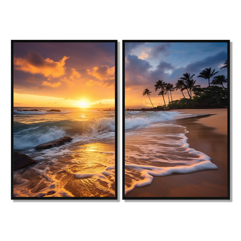 Plage, coucher de soleil, sérénade, art mural jaune, Black, 36" H x 48" W, Impression encadrée flottante
