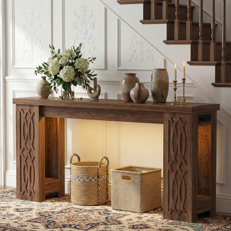 63" Farmhouse Console Table With Charging Station And LED Lights, 33.5" H x 63" W x 13.8" D, Rustic Oak