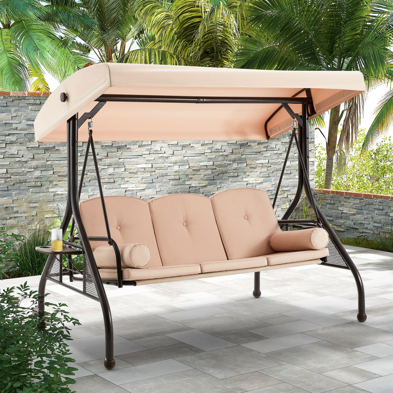 Fassold Outdoor Patio Swing Chair for 3 People, with Removable Cushion and Convertible Canopy, Khaki