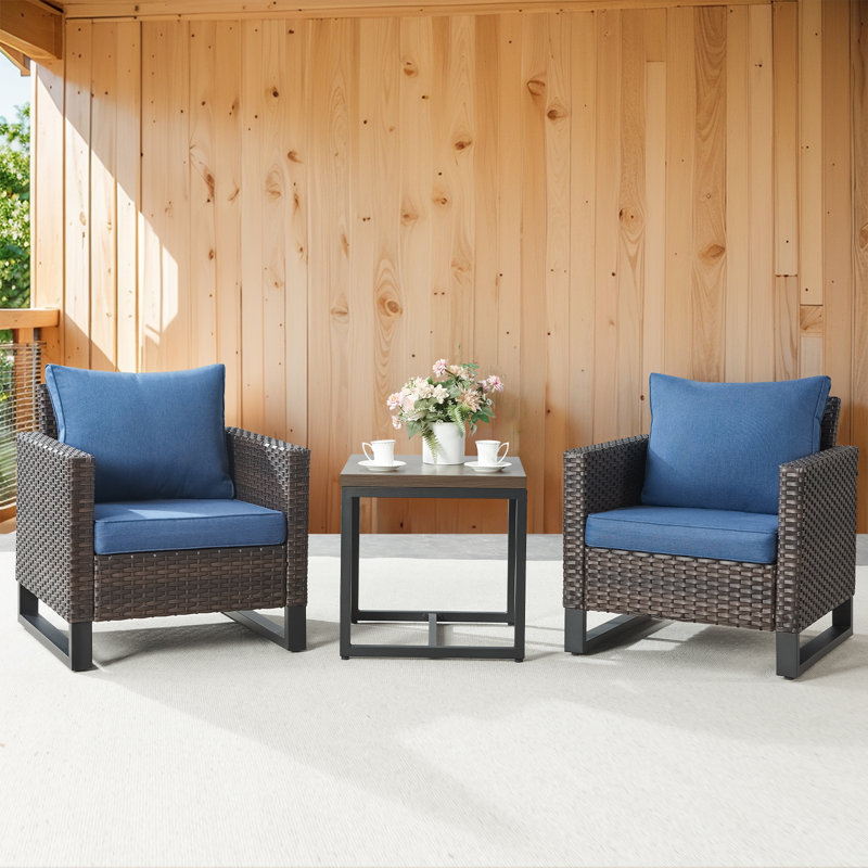 Naresa 3-Piece Wicker Patio Chair Set With Side Table  All-Weather PE Rattan, UV-Resistant Cushions, Blue