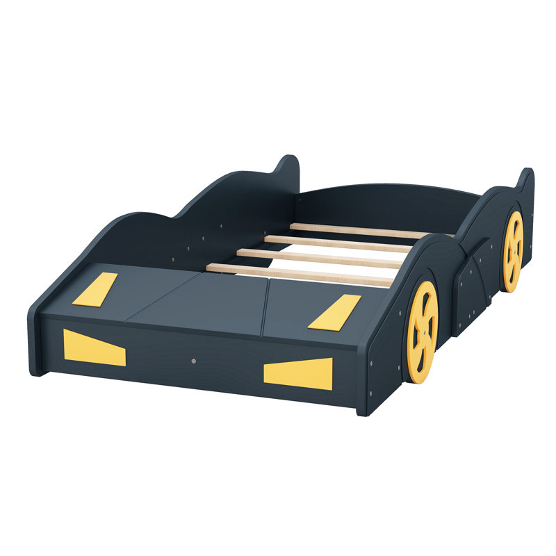 Lit de voiture de course simple bleu foncé + jaune avec rangement pratique, construction, confortable pour une bonne nuit de sommeil, plateforme et espace de rangement, construction en bois fiable
