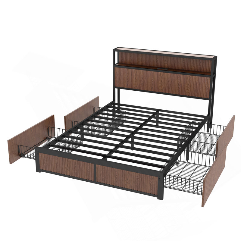 Brown Wooden Platform Bed Frame with Raised Pattern, Multi Storage Drawers and Bedside Socket