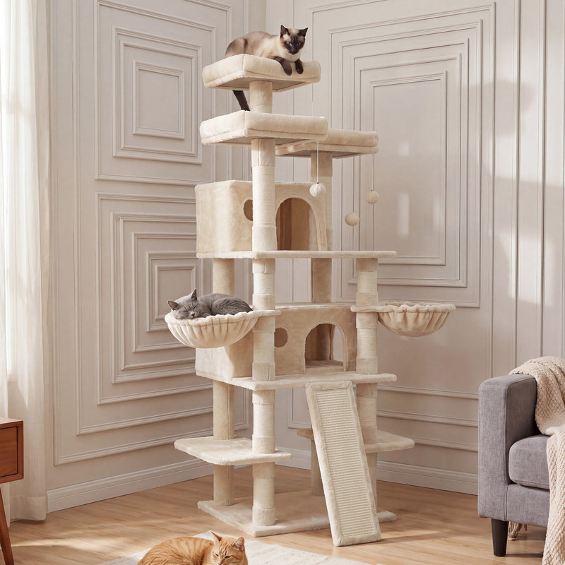 Arbre à chat 68 po à plusieurs niveaux avec condos, poteaux à griffer et paniers suspendus, conception anti-basculement