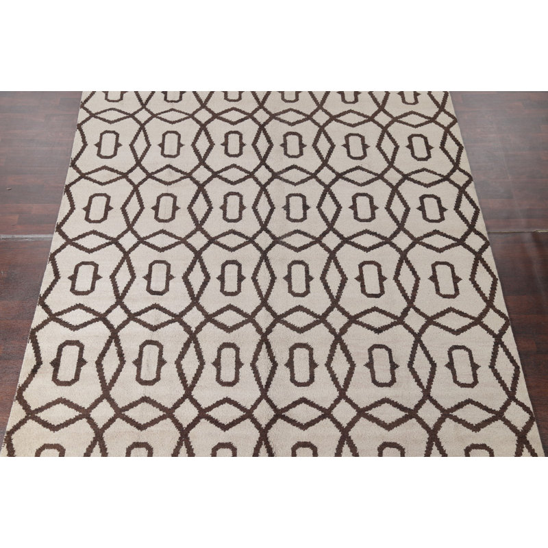 Tapis noué la beige 9 pi x 12 pi en laine à la main one-of-kind Senac