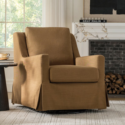 Lillie 30" W Farmhouse Slipcovered Down-blend Swivel Rocking Chair with Pillow Back