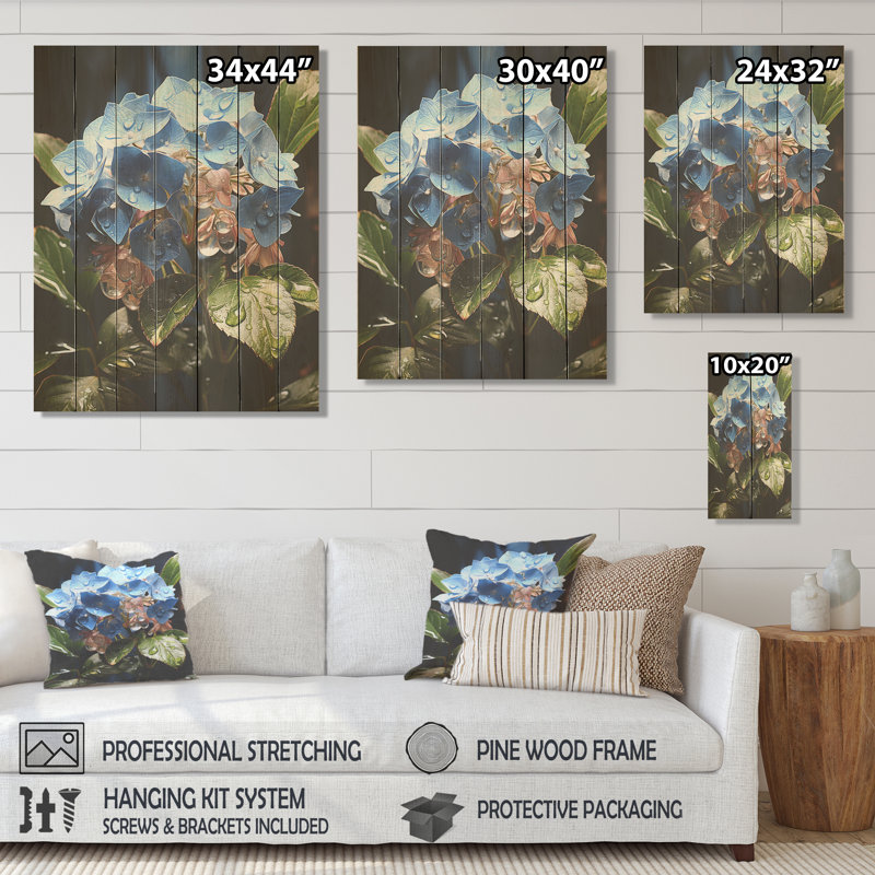 Hydrangées bleues, élégance de fleurs - hydrangées sur bois, H 20 po x l 10 po