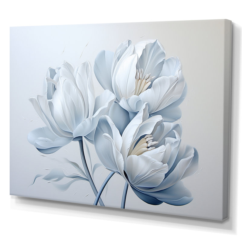 Minimalisme, tulipes bleues et blanches, coups de pinceau II, tulipes, H 30 po x l 40 po x P 1,5 po, Toile tendue