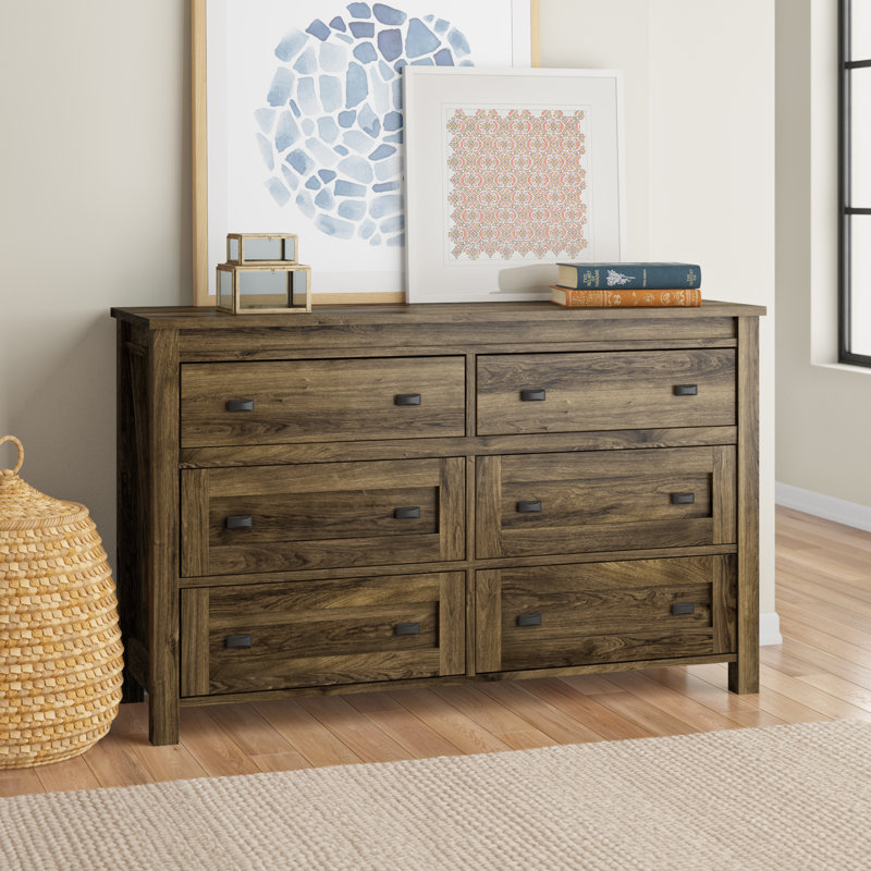 Commode double l 53,6 po à 6 tiroirs, Pin