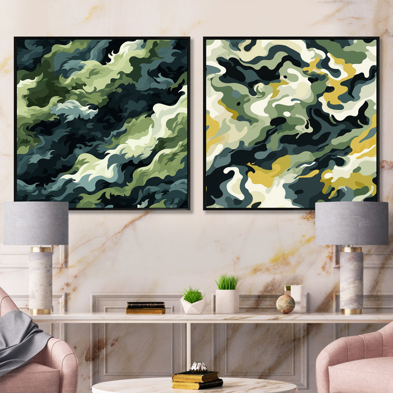 Urban Urban Camouflage Wilderness - Ensemble de 2 collages carrés abstraits, Cadre flottant noir, H 16 po x l 33 po