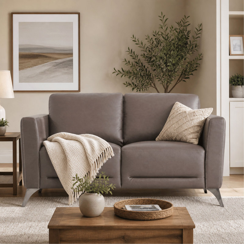 Sofa deux places en cuir, canapé deux places assemblé pour salon, 34" W, taupe Faux Leather, Silver