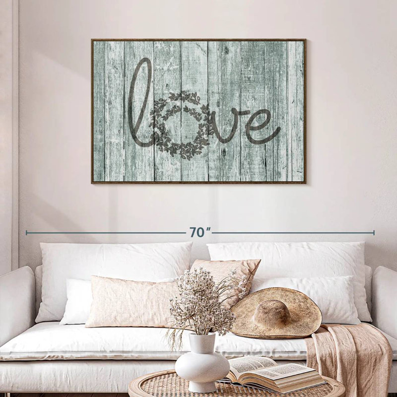 Amour en bois, typographie, 43 po x 29 po, Cadre flottant noyer