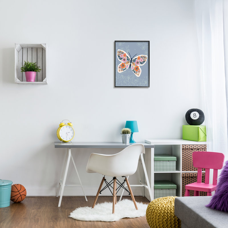 Floral Butterfly Wings Print on Blue Canvas with Black Frame