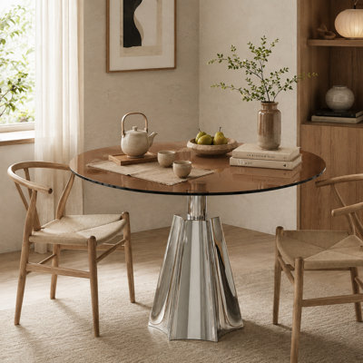 Table de salle à manger ronde en verre fumé de 89 cm (35 po) pour 2 à 4 personnes, table à pied centrale de style moderne du milieu du siècle avec base argentée pour petits espaces