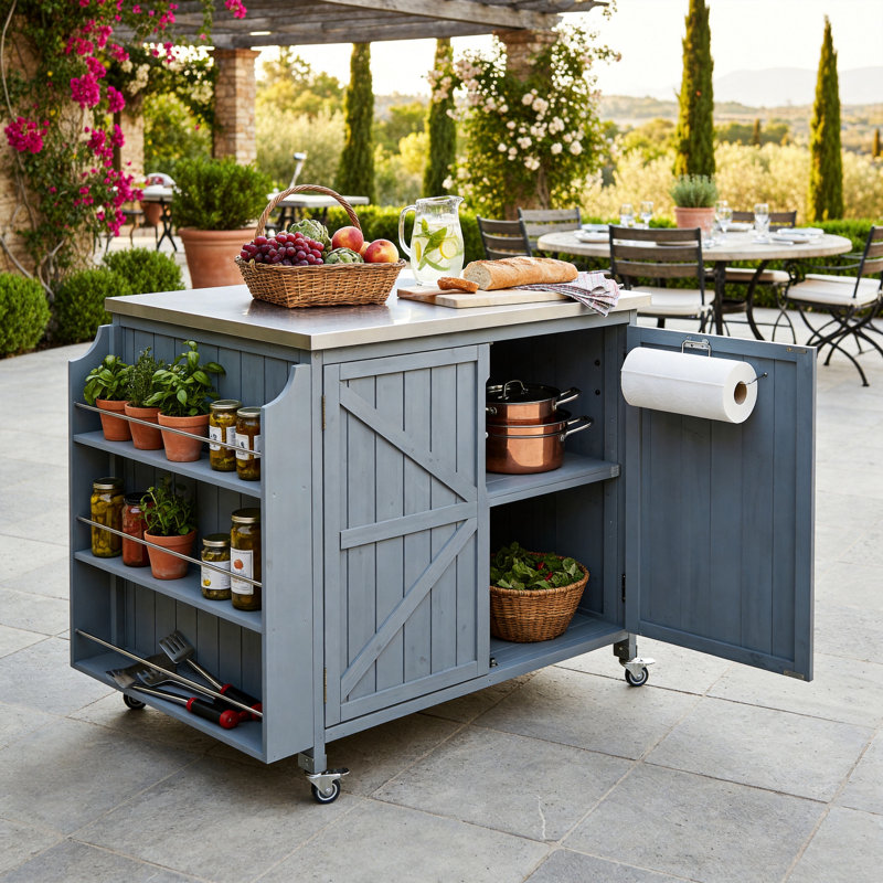 42.2-Inch Outdoor Kitchen Island BBQ Cart With Side Shelves And Storage Cabinets, Adjustable Stainless Steel Countertop, 4-Wheel Pizza Maker (Gray-Blue)