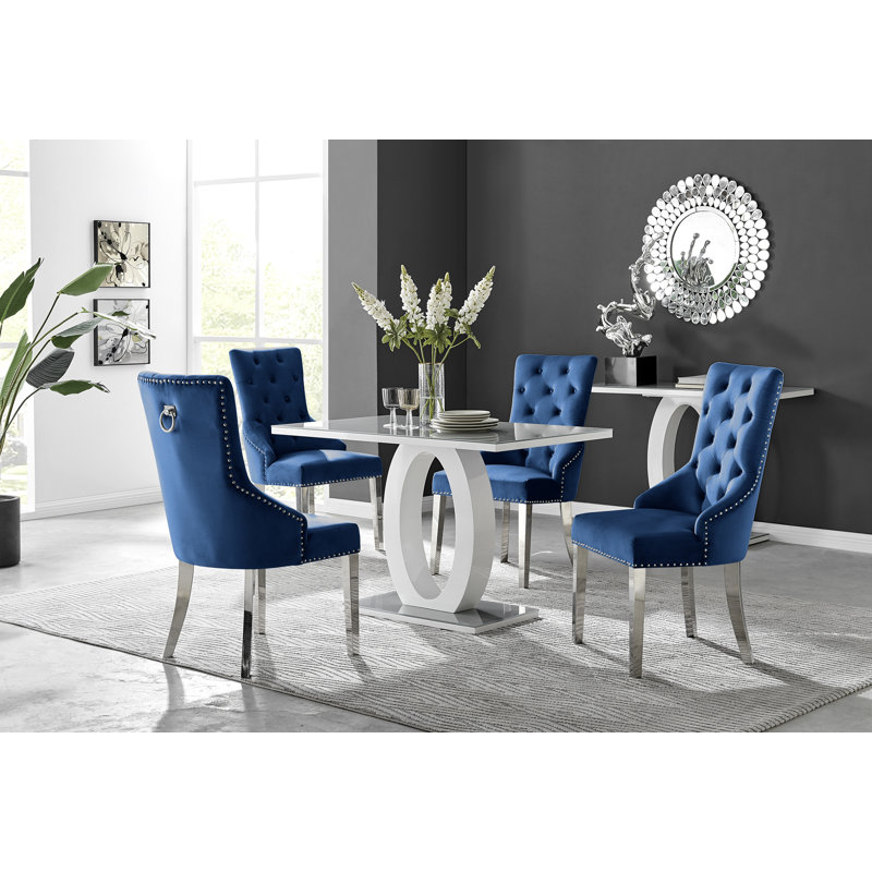 Scottsmoor Halo Dining Table Set in Modern High Gloss with 4 Luxury Velvet Dining Chairs, Grey, Grey